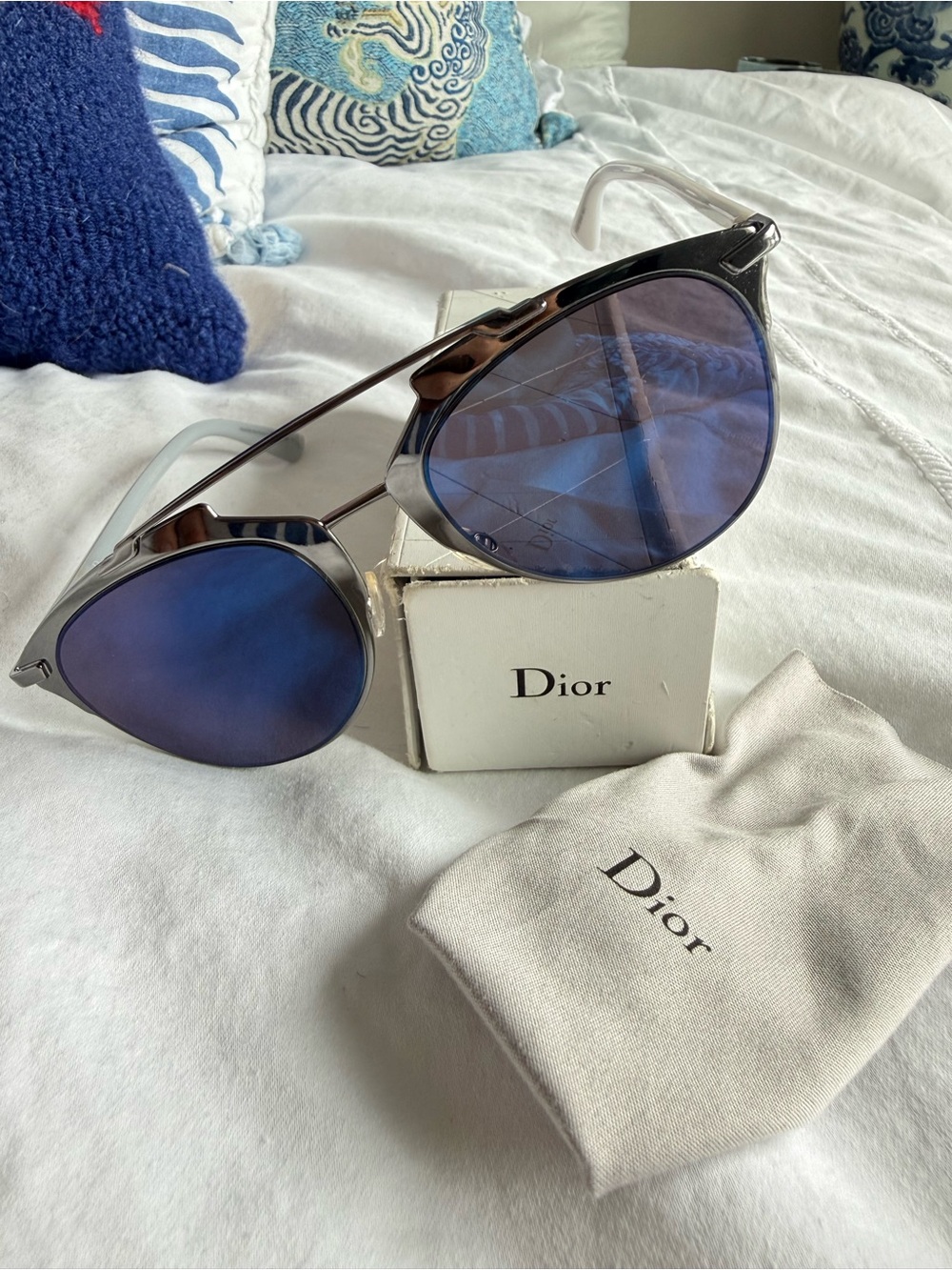 Dior Women's Sunglasses with Blue Lenses and Silver Frame